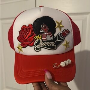 Queen Embroidered Red and White Trucker Hat